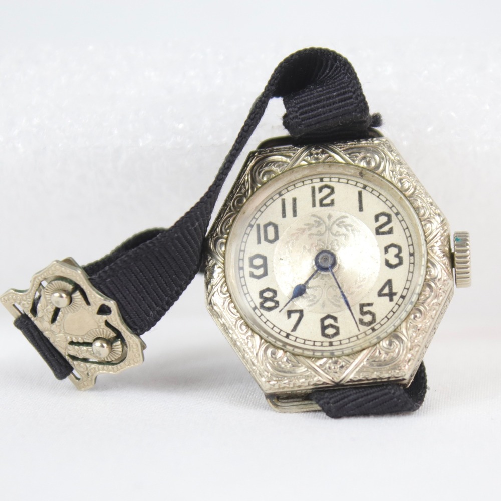 Vintage Art Deco Hexagon Ladies Black Ribbon Strap Engraved Monogrammed Watch